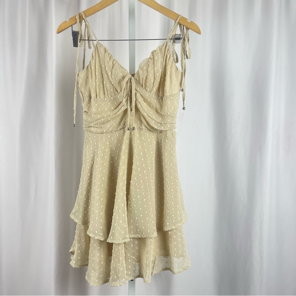 Women's XS Polka Dot Elegant Cream Layered Dress Ruffle V Neck Flowy Boho